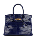 Pre-owned Hermes Birkin 30 Bleu Electric Shiny Niloticus Crocodile Gold Hardware