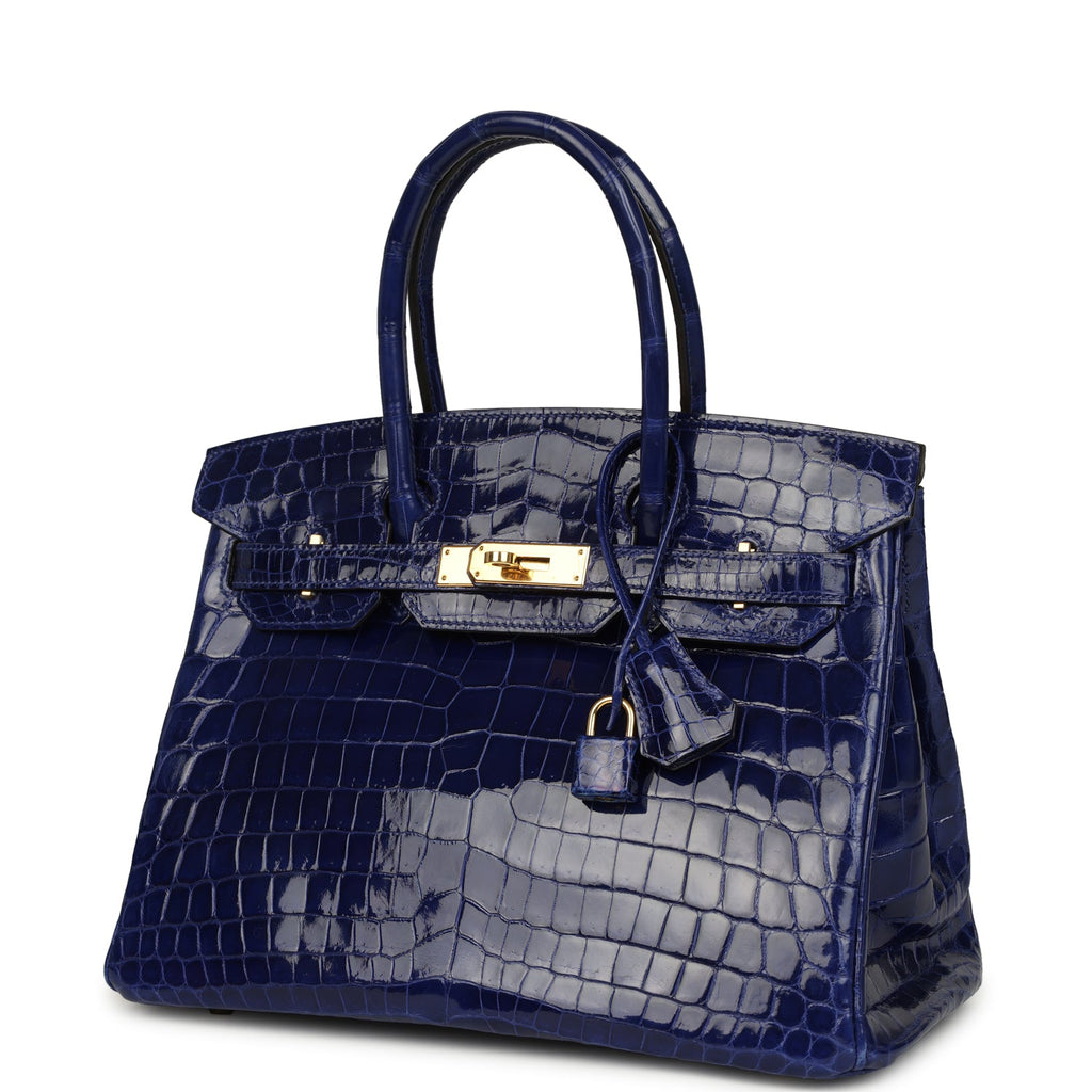 Pre-owned Hermes Birkin 30 Bleu Electric Shiny Niloticus Crocodile Gold Hardware