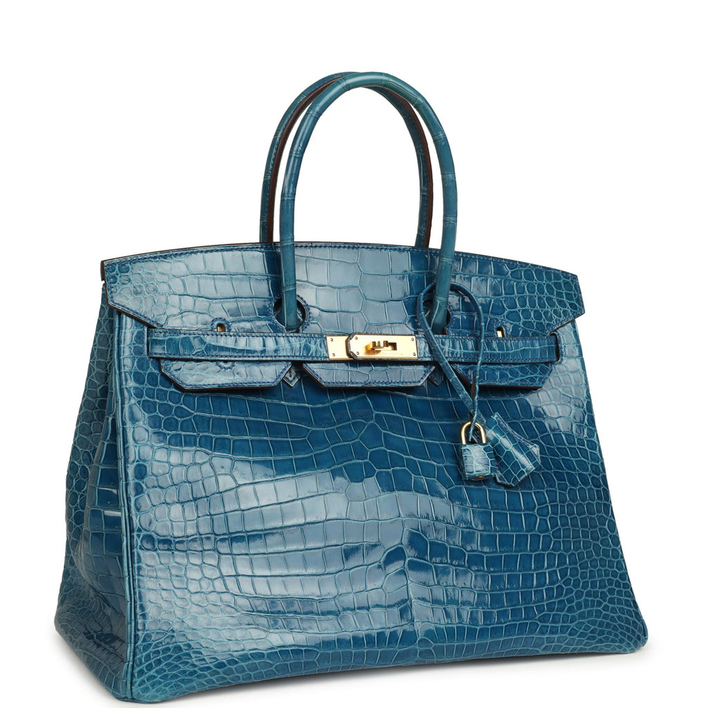 Pre-owned Hermes Birkin 35 Mykonos Shiny Porosus Crocodile Gold Hardware