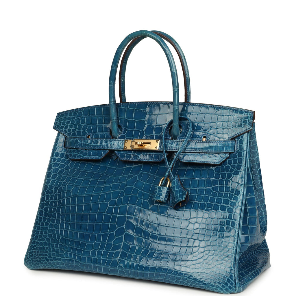 Pre-owned Hermes Birkin 35 Mykonos Shiny Porosus Crocodile Gold Hardware