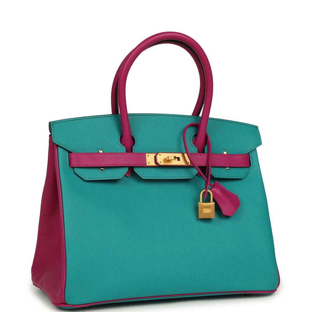 Hermes Special Order (HSS) Birkin 30 Bleu Paon and Rose Poupre Brushed Gold Hardware