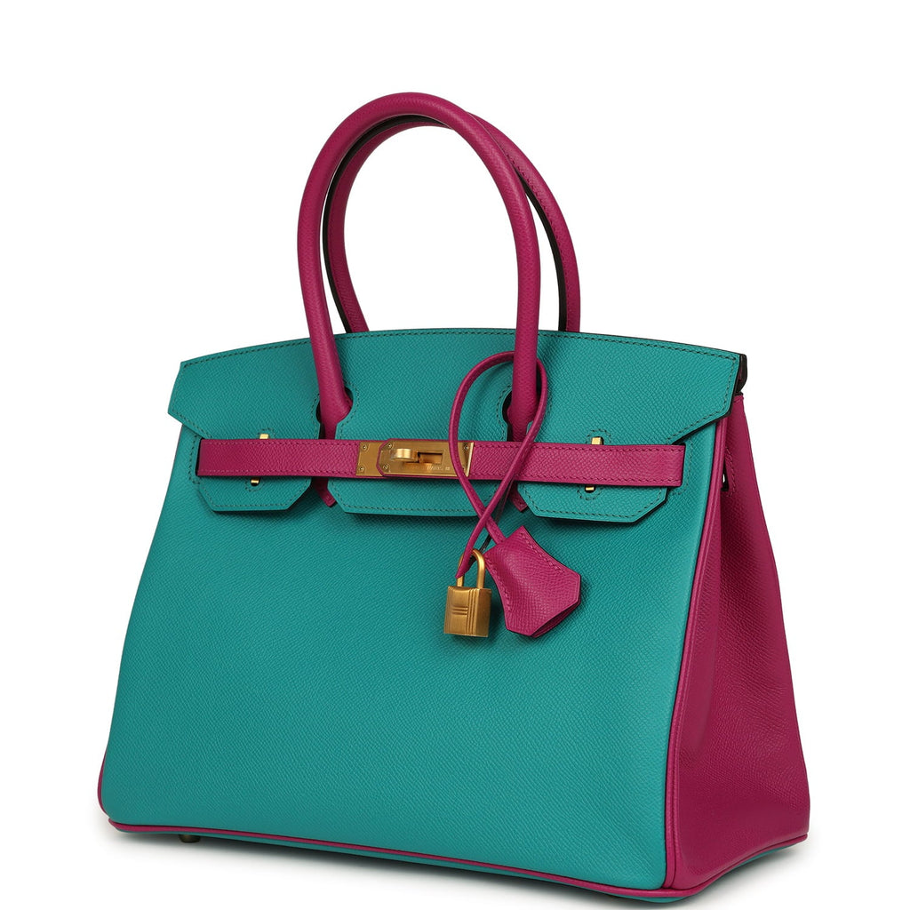 Hermes Special Order (HSS) Birkin 30 Bleu Paon and Rose Poupre Brushed Gold Hardware