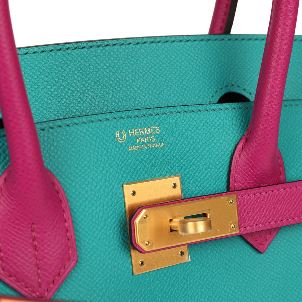 Hermes Special Order (HSS) Birkin 30 Bleu Paon and Rose Poupre Brushed Gold Hardware
