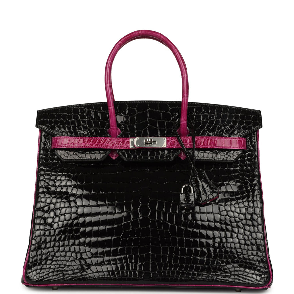 Pre-owned Hermes Special Order (HSS) Birkin 35 Rose Pourpre and Black Shiny Porosus Crocodile Palladium Hardware