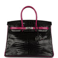 Pre-owned Hermes Special Order (HSS) Birkin 35 Rose Pourpre and Black Shiny Porosus Crocodile Palladium Hardware
