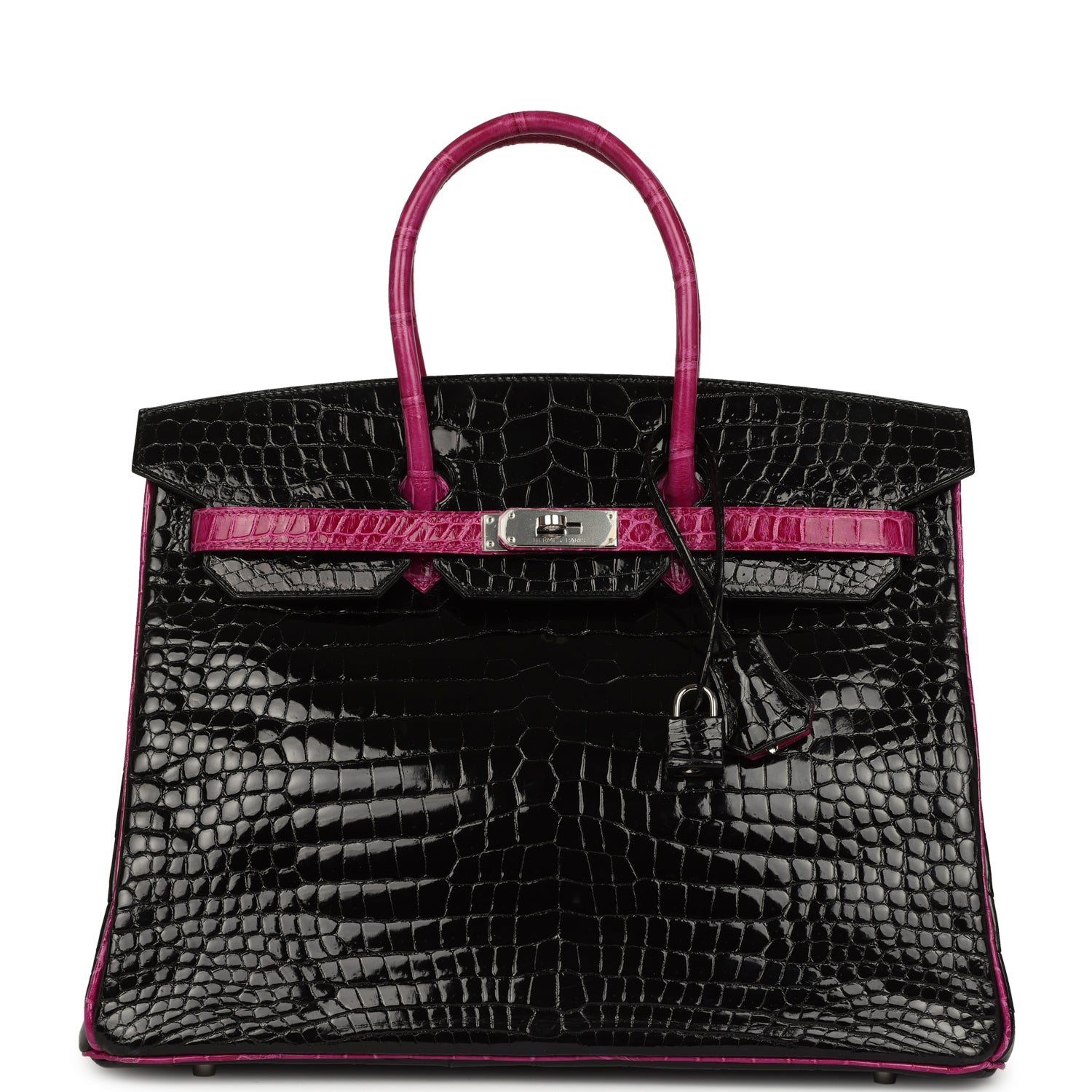 Pre-owned Hermes Special Order (HSS) Birkin 35 Rose Pourpre and Black Shiny Porosus Crocodile Palladium Hardware