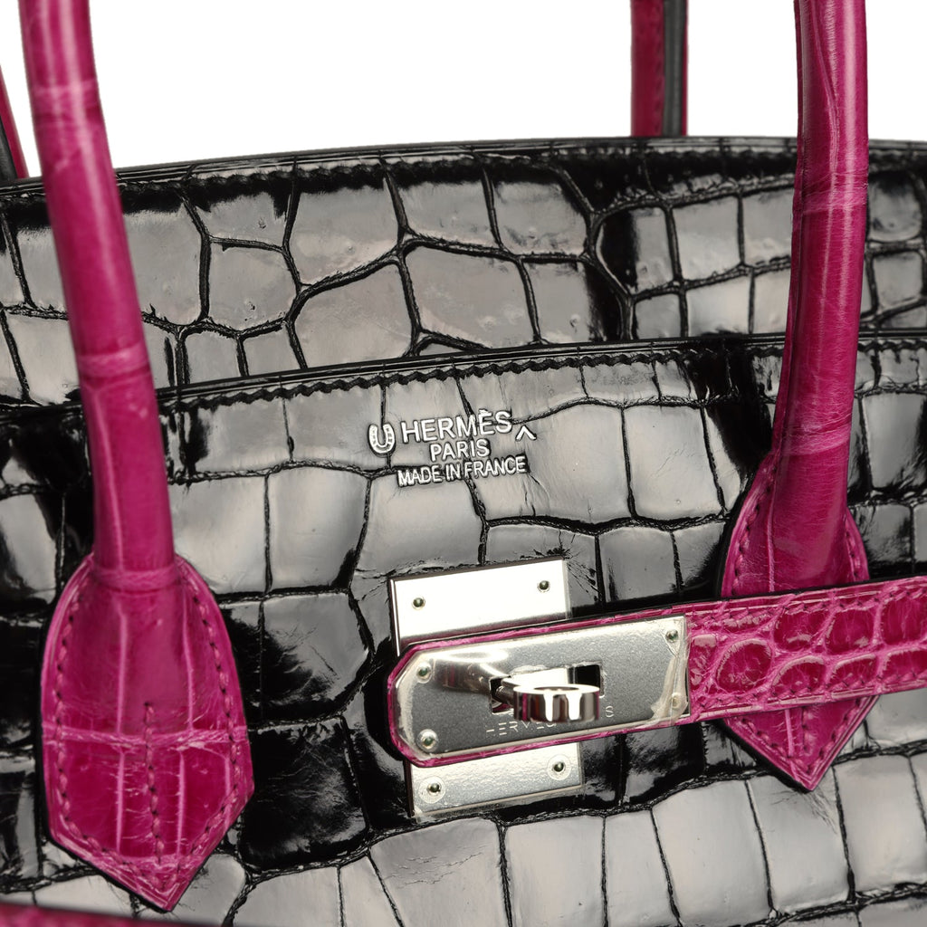 Pre-owned Hermes Special Order (HSS) Birkin 35 Rose Pourpre and Black Shiny Porosus Crocodile Palladium Hardware