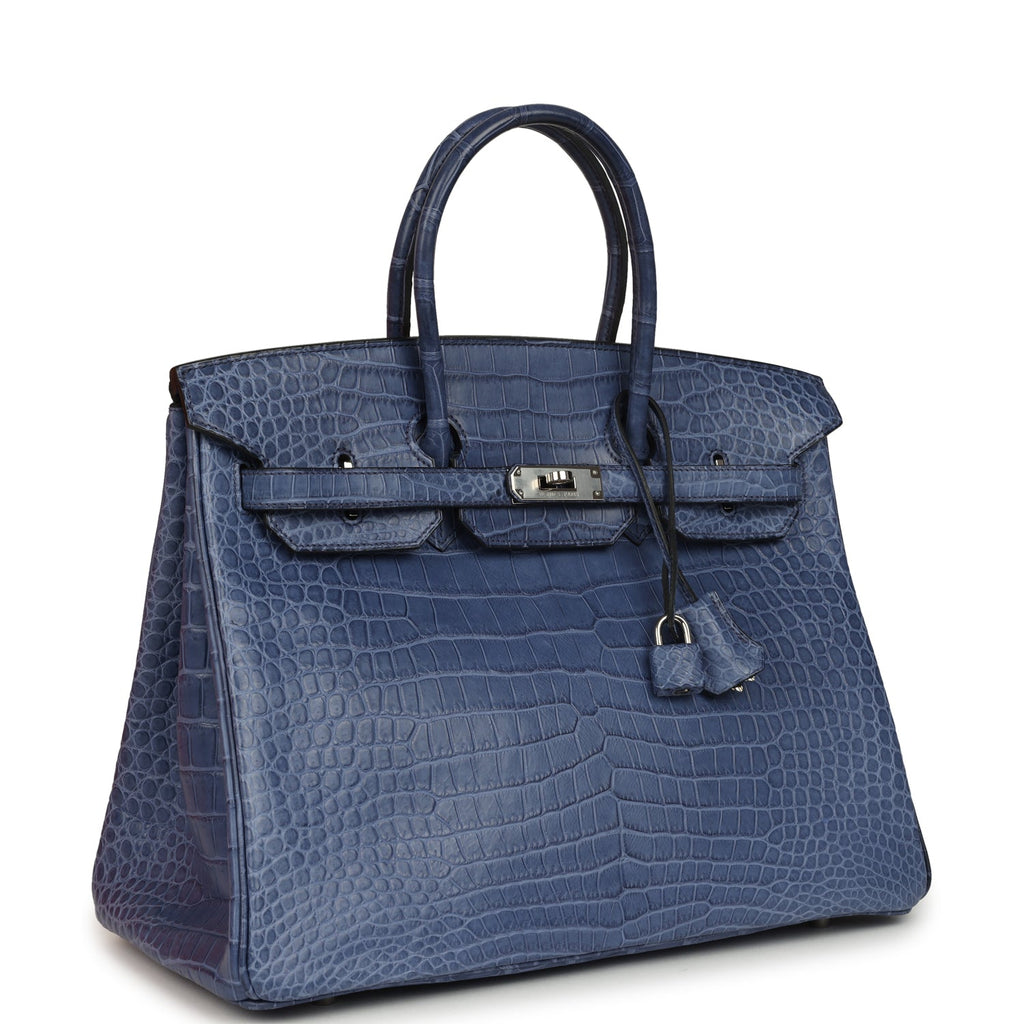 Pre-owned Hermes Birkin 35 Bleu Brighton Matte Porosus Crocodile Palladium Hardware