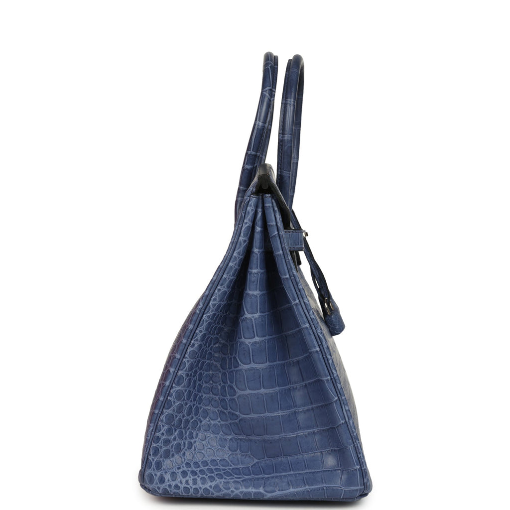 Pre-owned Hermes Birkin 35 Bleu Brighton Matte Porosus Crocodile Palladium Hardware