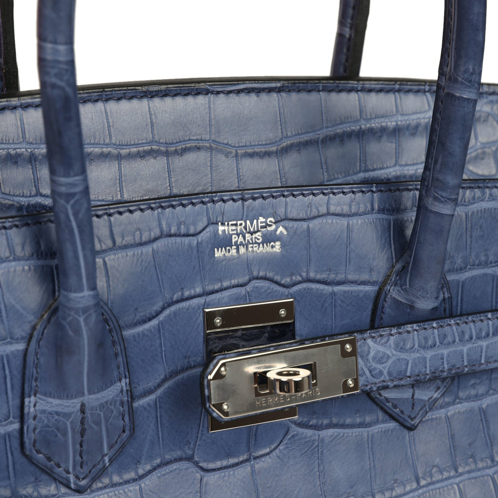 Pre-owned Hermes Birkin 35 Bleu Brighton Matte Porosus Crocodile Palladium Hardware