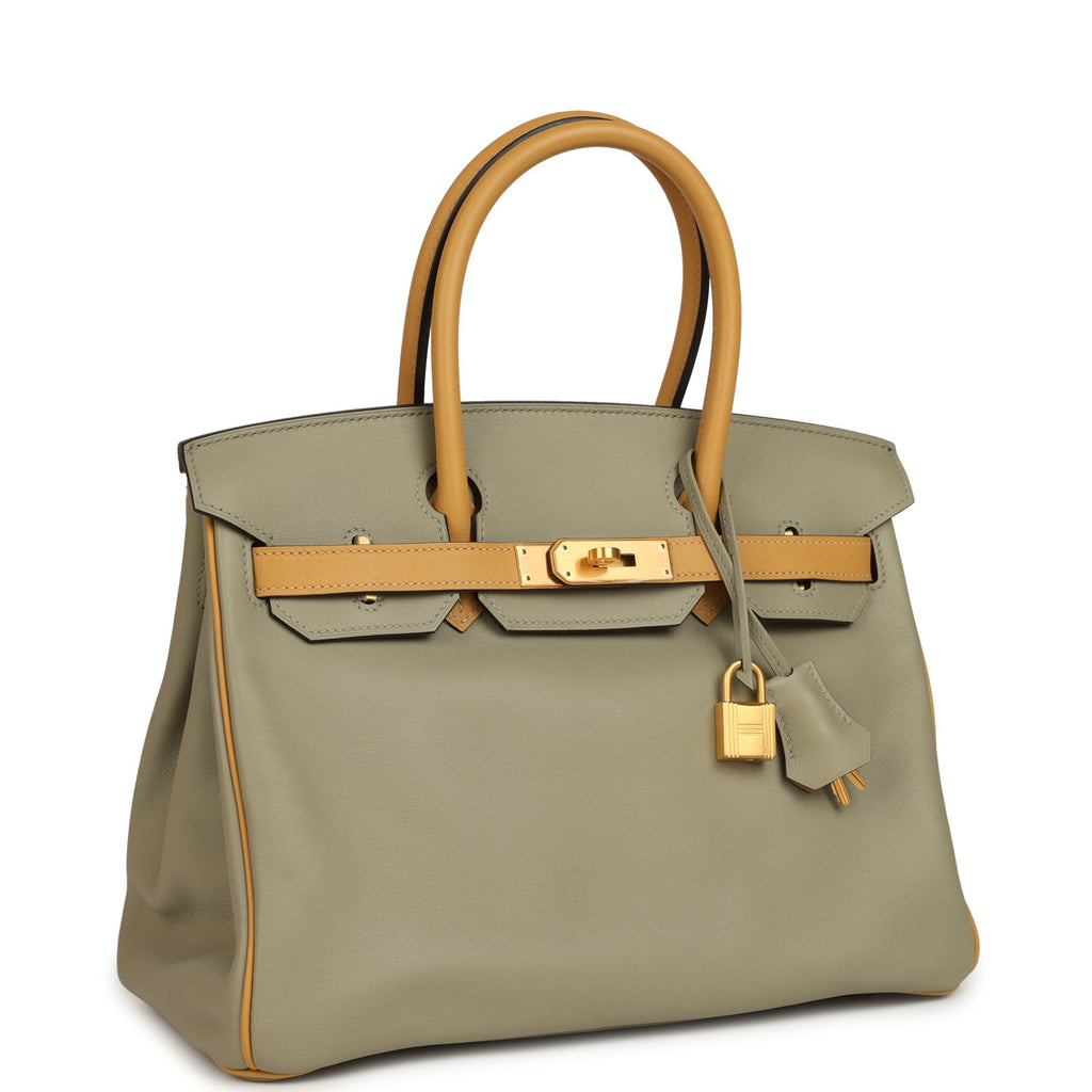 Pre-owned Hermes Special Order (HSS) Birkin 30 Gris Tourterelle and Paille Swift Brushed Gold Hardware