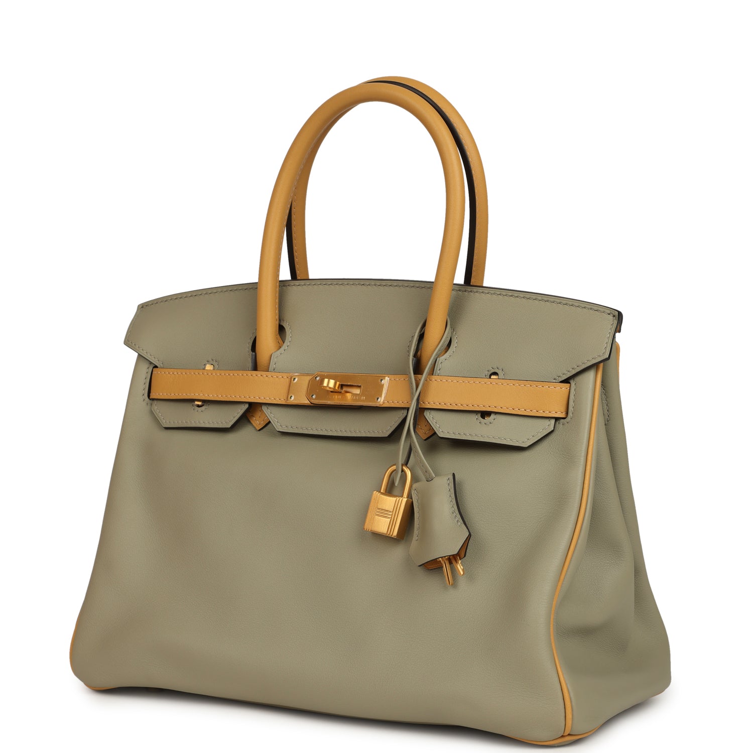 Pre-owned Hermes Special Order (HSS) Birkin 30 Gris Tourterelle and Paille Swift Brushed Gold Hardware