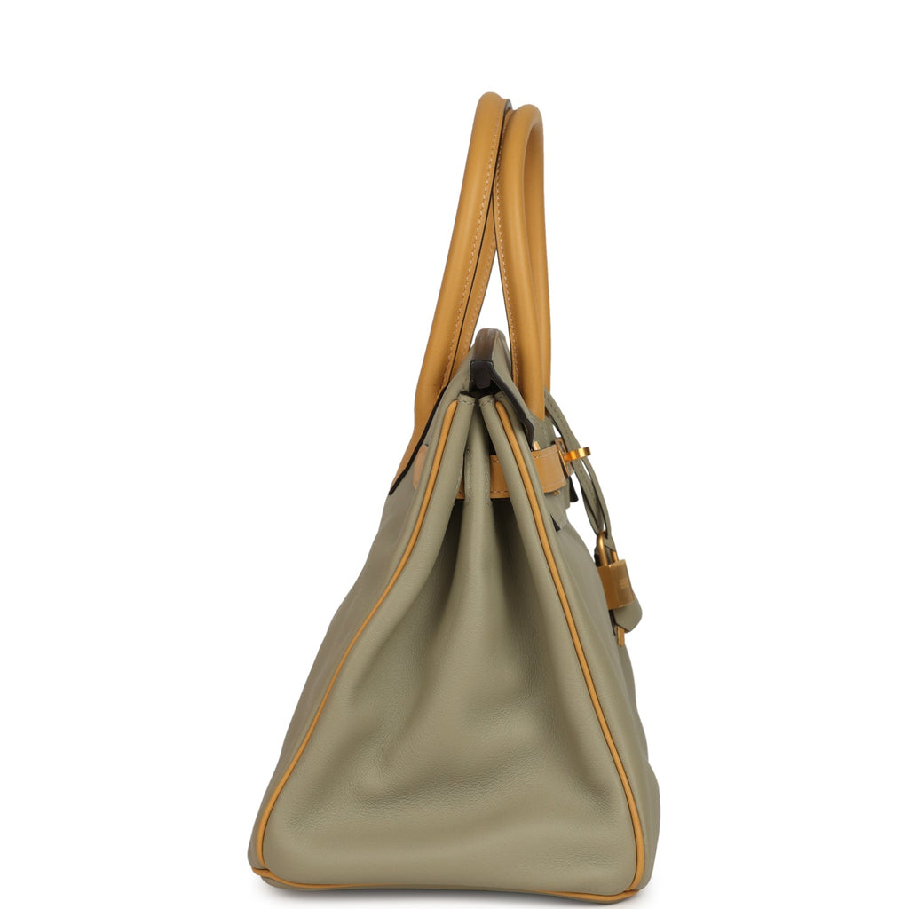 Pre-owned Hermes Special Order (HSS) Birkin 30 Gris Tourterelle and Paille Swift Brushed Gold Hardware
