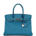 Pre-owned Hermes Birkin 30 Bleu Izmir Epsom Palladium Hardware