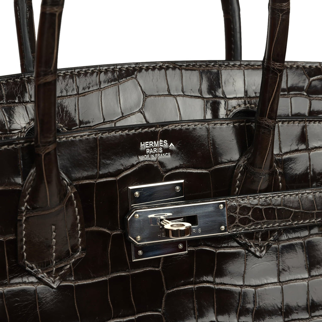 Pre-owned Hermes Birkin 30 Graphite Shiny Porosus Crocodile Palladium Hardware