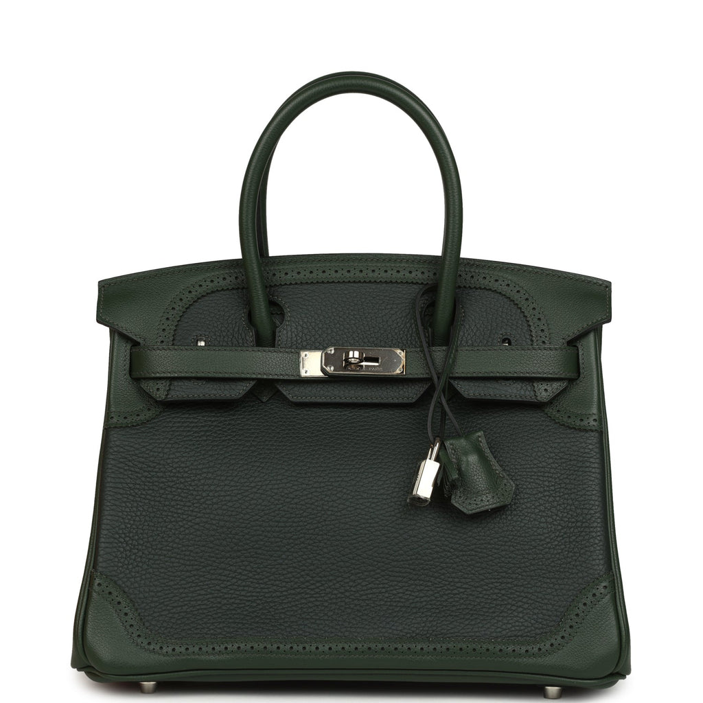Pre-owned Hermes Birkin Ghillies 30 Vert Fonce Clemence and Vert Anglais Evercolor Palladium Hardware