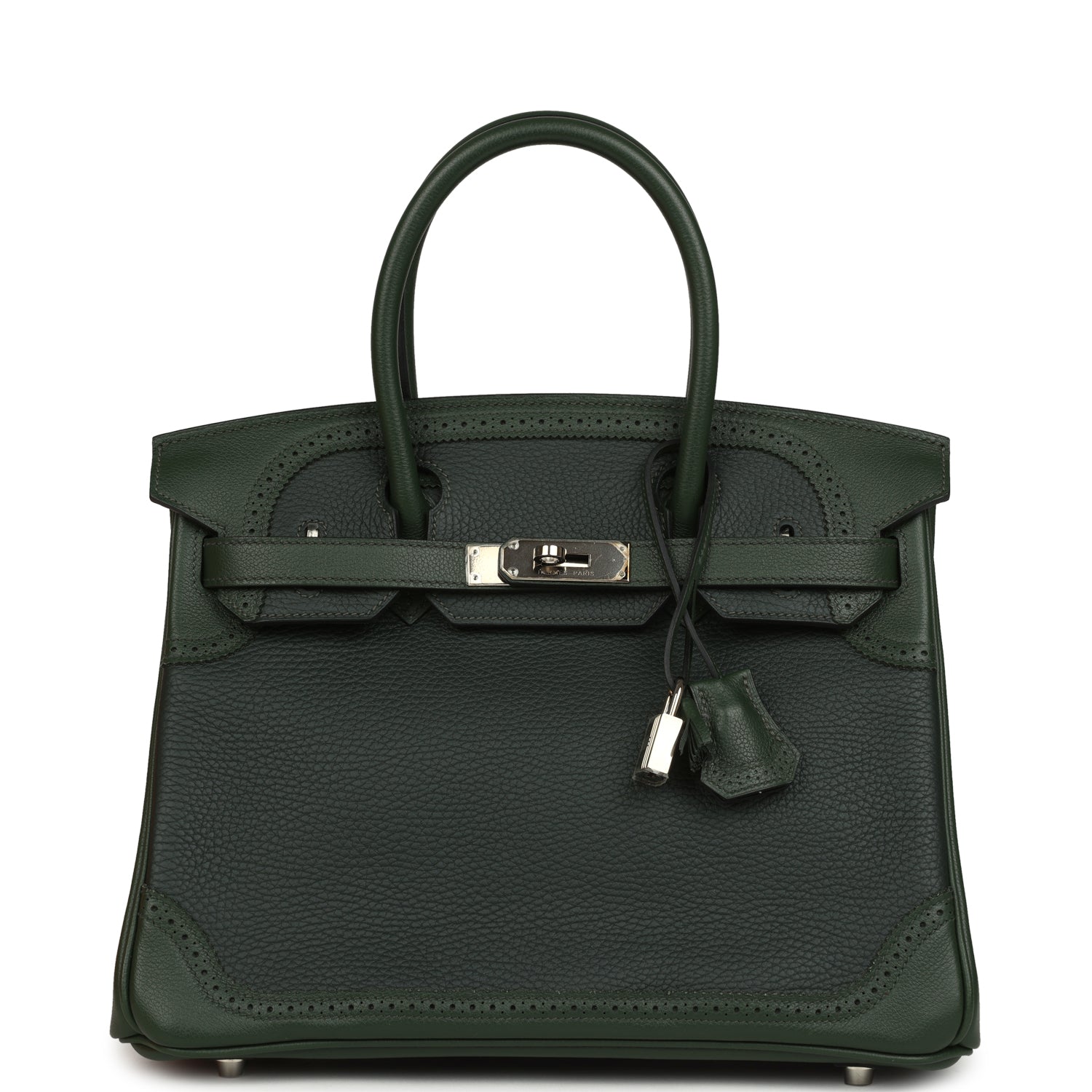 Pre-owned Hermes Birkin Ghillies 30 Vert Fonce Clemence and Vert Anglais Evercolor Palladium Hardware