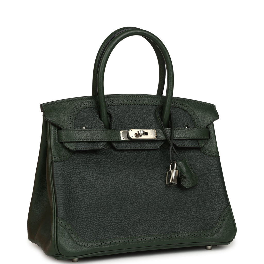 Pre-owned Hermes Birkin Ghillies 30 Vert Fonce Clemence and Vert Anglais Evercolor Palladium Hardware