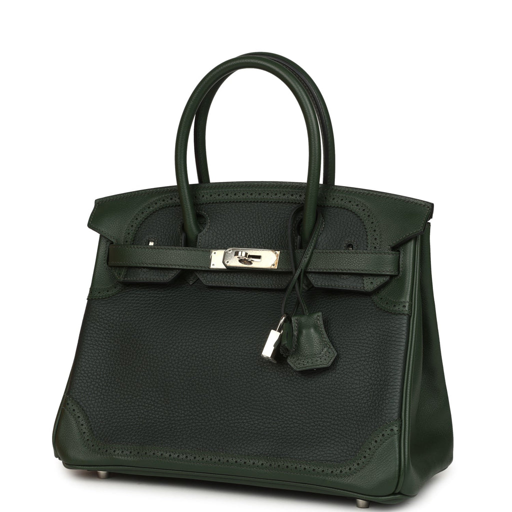 Pre-owned Hermes Birkin Ghillies 30 Vert Fonce Clemence and Vert Anglais Evercolor Palladium Hardware