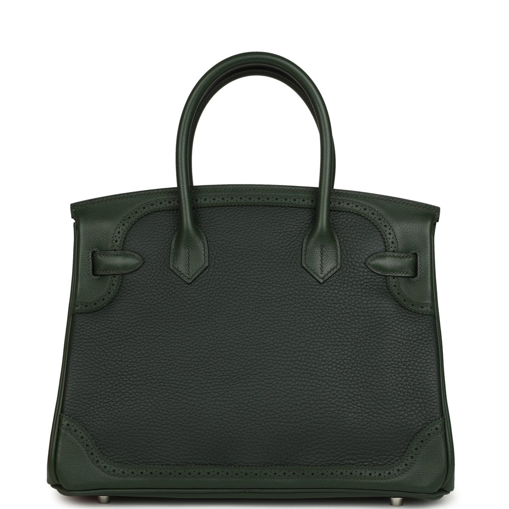 Pre-owned Hermes Birkin Ghillies 30 Vert Fonce Clemence and Vert Anglais Evercolor Palladium Hardware