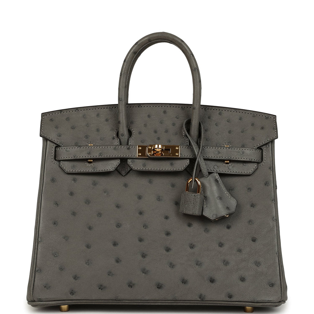 Pre-owned Hermes Birkin 25 Gris Meyer Ostrich Gold Hardware