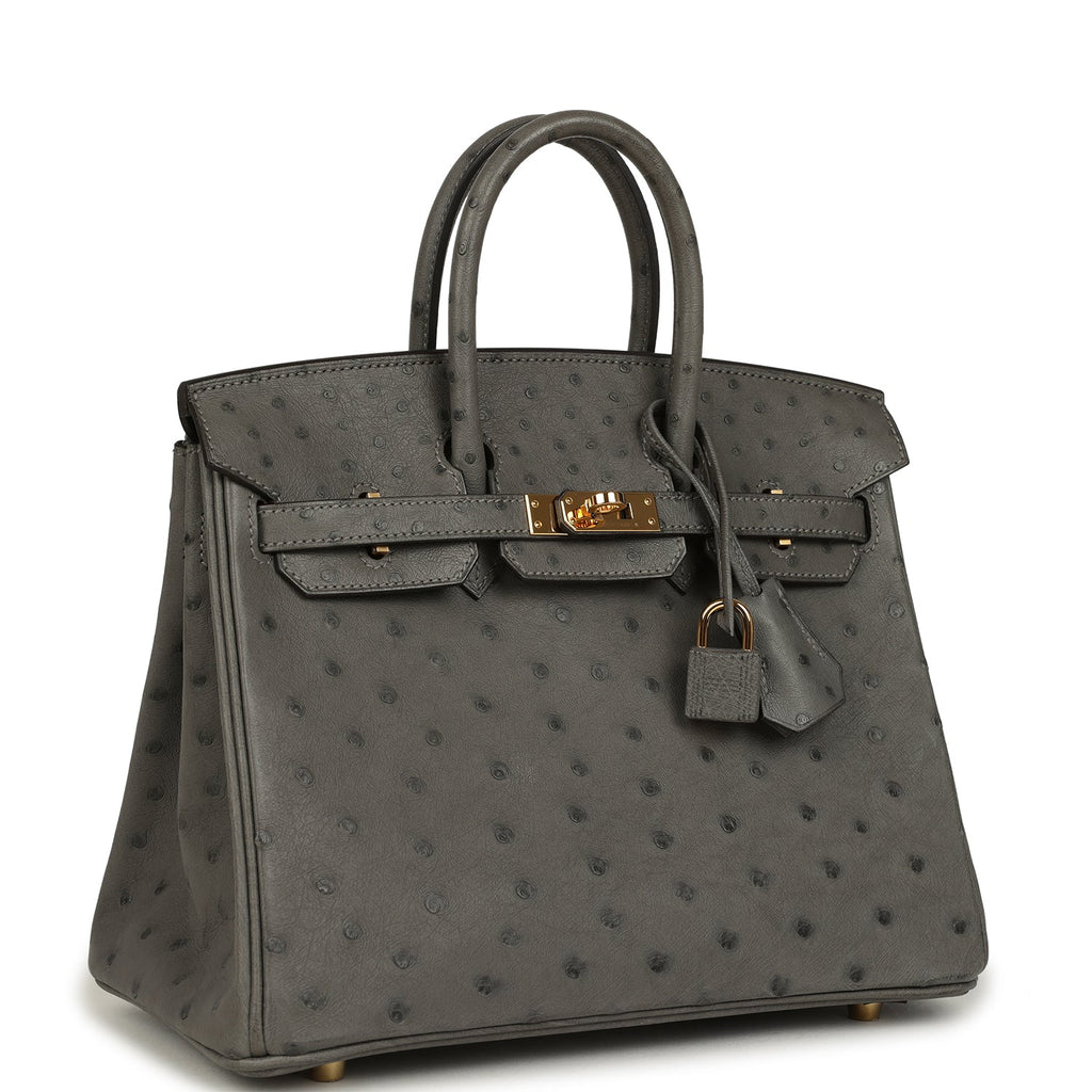 Pre-owned Hermes Birkin 25 Gris Meyer Ostrich Gold Hardware