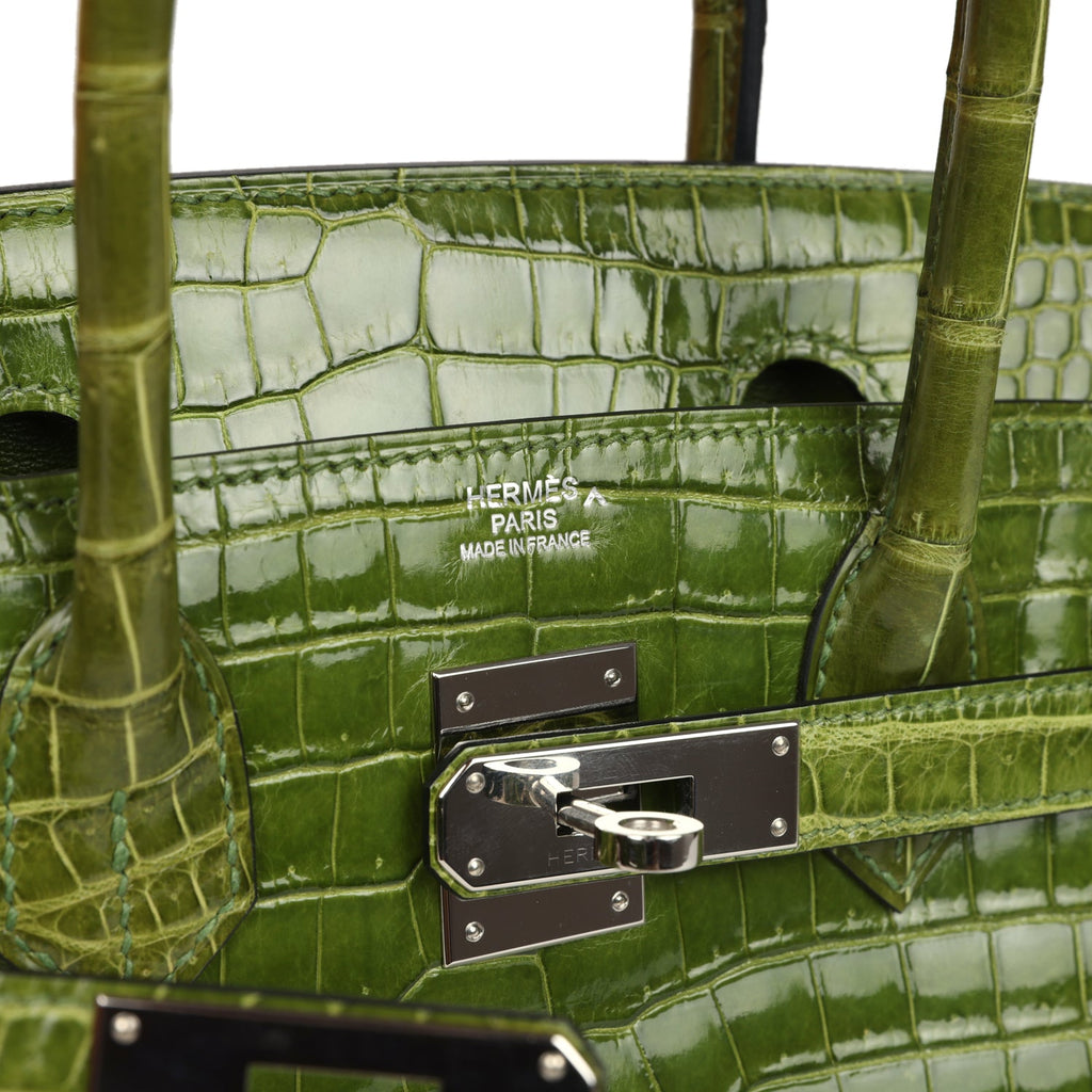 Pre-owned Hermes Birkin 30 Vert Pelouse Shiny Porosus Crocodile Palladium Hardware