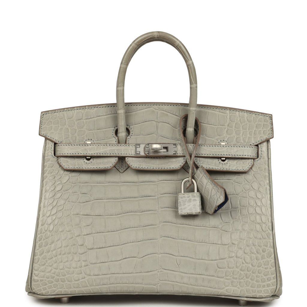 Pre-owned Hermes Special Order (HSS) Birkin 25 Gris Perle Matte Verso Alligator Brushed Palladium Hardware