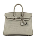 Pre-owned Hermes Special Order (HSS) Birkin 25 Gris Perle Matte Verso Alligator Brushed Palladium Hardware