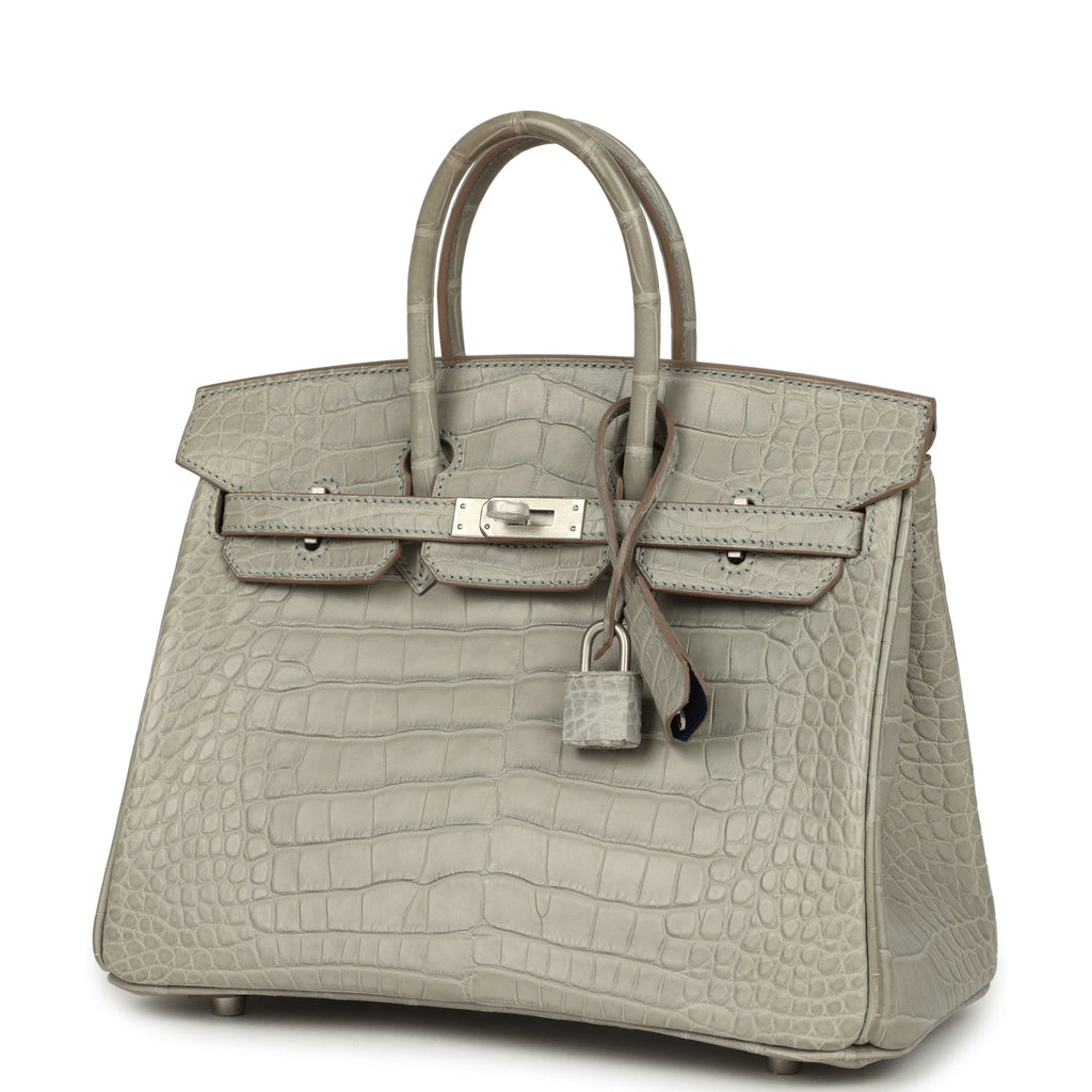 Pre-owned Hermes Special Order (HSS) Birkin 25 Gris Perle Matte Verso Alligator Brushed Palladium Hardware