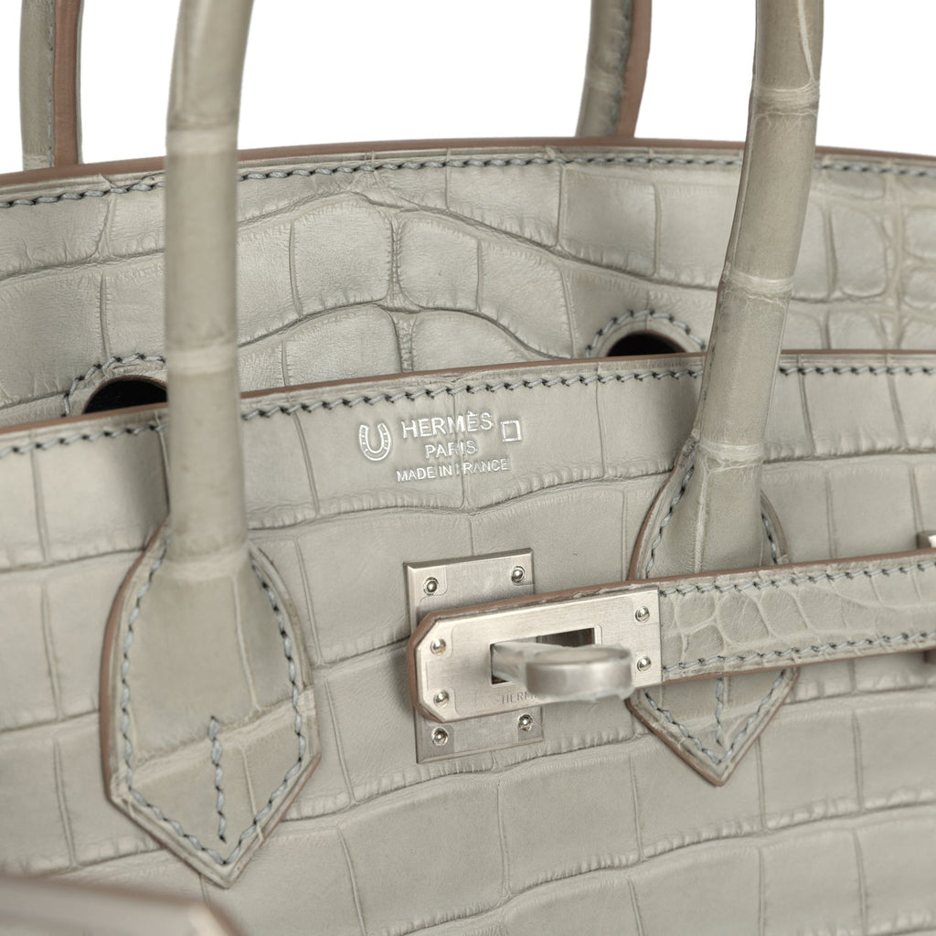 Pre-owned Hermes Special Order (HSS) Birkin 25 Gris Perle Matte Verso Alligator Brushed Palladium Hardware