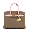 Hermes Special Order (HSS) Birkin 30 Etoupe and Rose Sakura Chevre Mysore Brushed Gold Hardware