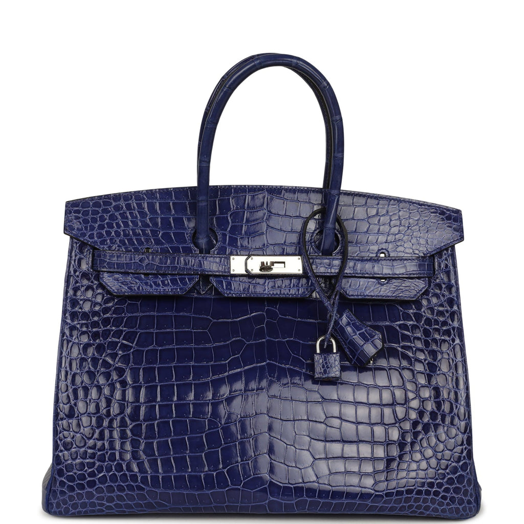 Pre-owned Hermes Birkin 35 Bleu Electric Shiny Porosus Crocodile Palladium Hardware