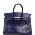 Pre-owned Hermes Birkin 35 Bleu Electric Shiny Porosus Crocodile Palladium Hardware