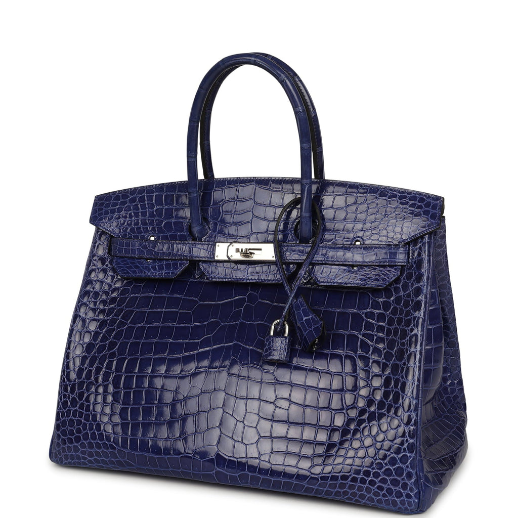Pre-owned Hermes Birkin 35 Bleu Electric Shiny Porosus Crocodile Palladium Hardware