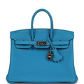 Pre-owned Hermes Birkin 25 Bleu Zanzibar Togo Palladium Hardware