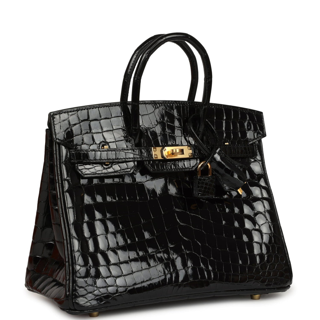 Hermes Birkin 25 Black Shiny Niloticus Crocodile Gold Hardware