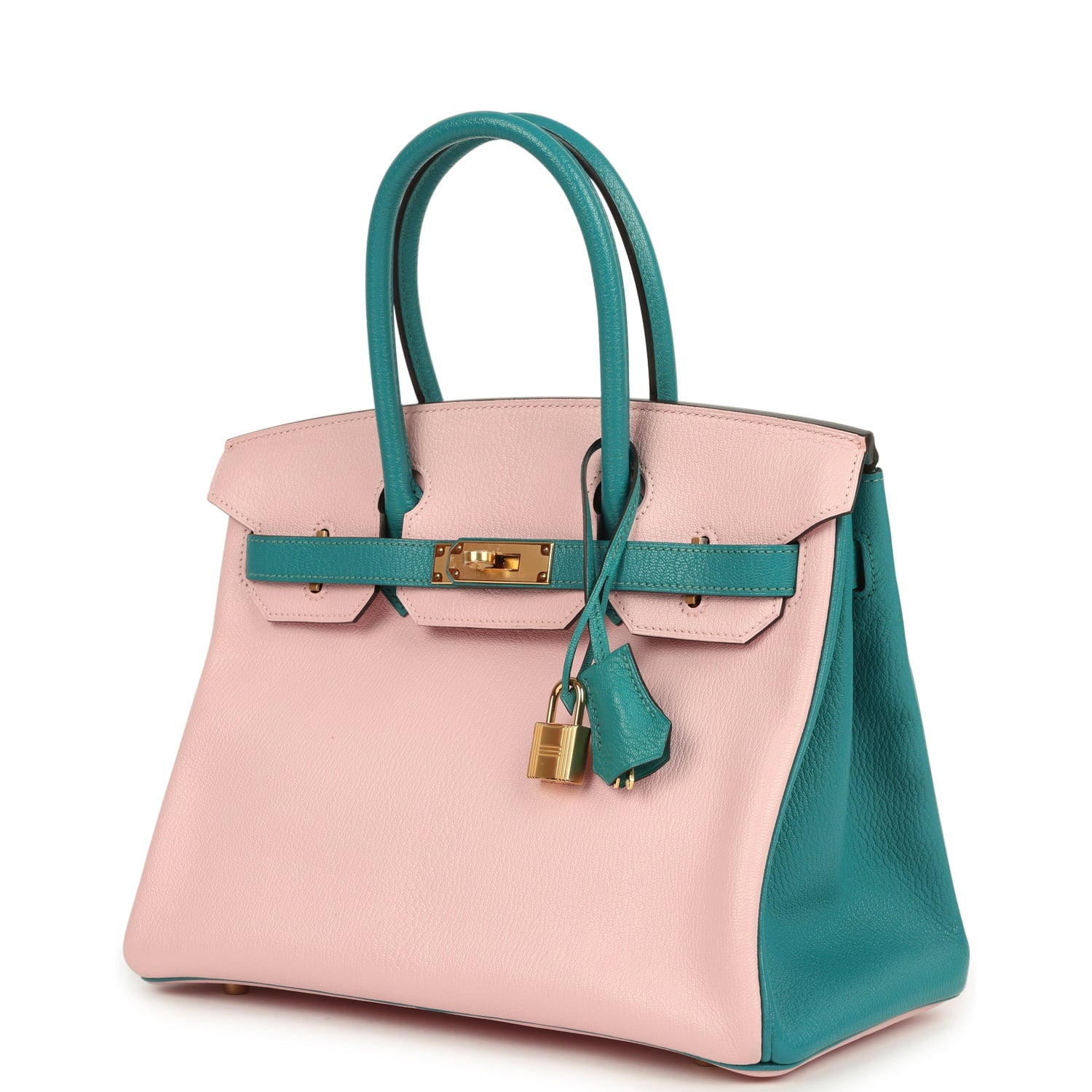 Pre-owned Hermes Special Order (HSS) Birkin 30 Rose Sakura and Bleu Paon Chevre Mysore Gold Hardware