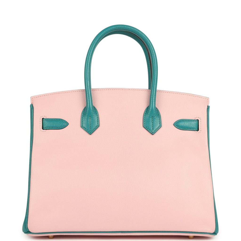 Pre-owned Hermes Special Order (HSS) Birkin 30 Rose Sakura and Bleu Paon Chevre Mysore Gold Hardware