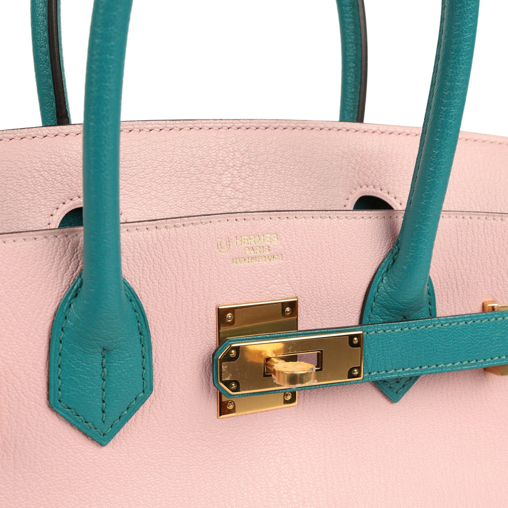 Pre-owned Hermes Special Order (HSS) Birkin 30 Rose Sakura and Bleu Paon Chevre Mysore Gold Hardware