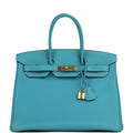 Pre-owned Hermes Birkin 35 Turquoise Togo Gold Hardware