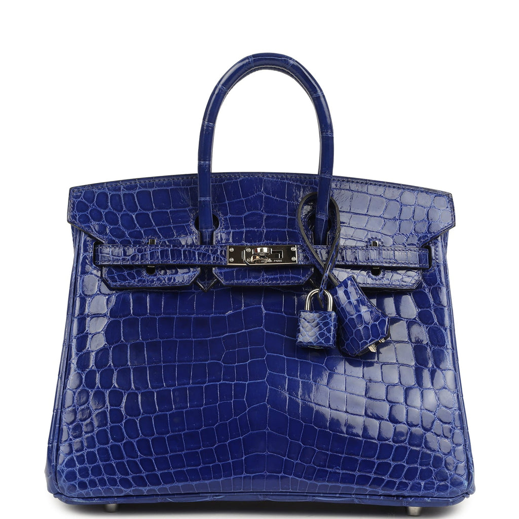 Pre-owned Hermes Birkin 25 Bleu Electric Shiny Niloticus Crocodile Palladium Hardware