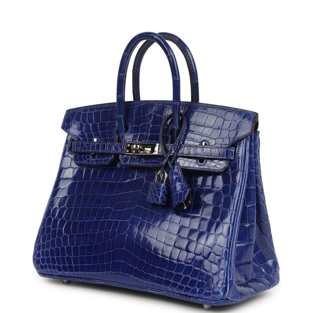 Pre-owned Hermes Birkin 25 Bleu Electric Shiny Niloticus Crocodile Palladium Hardware