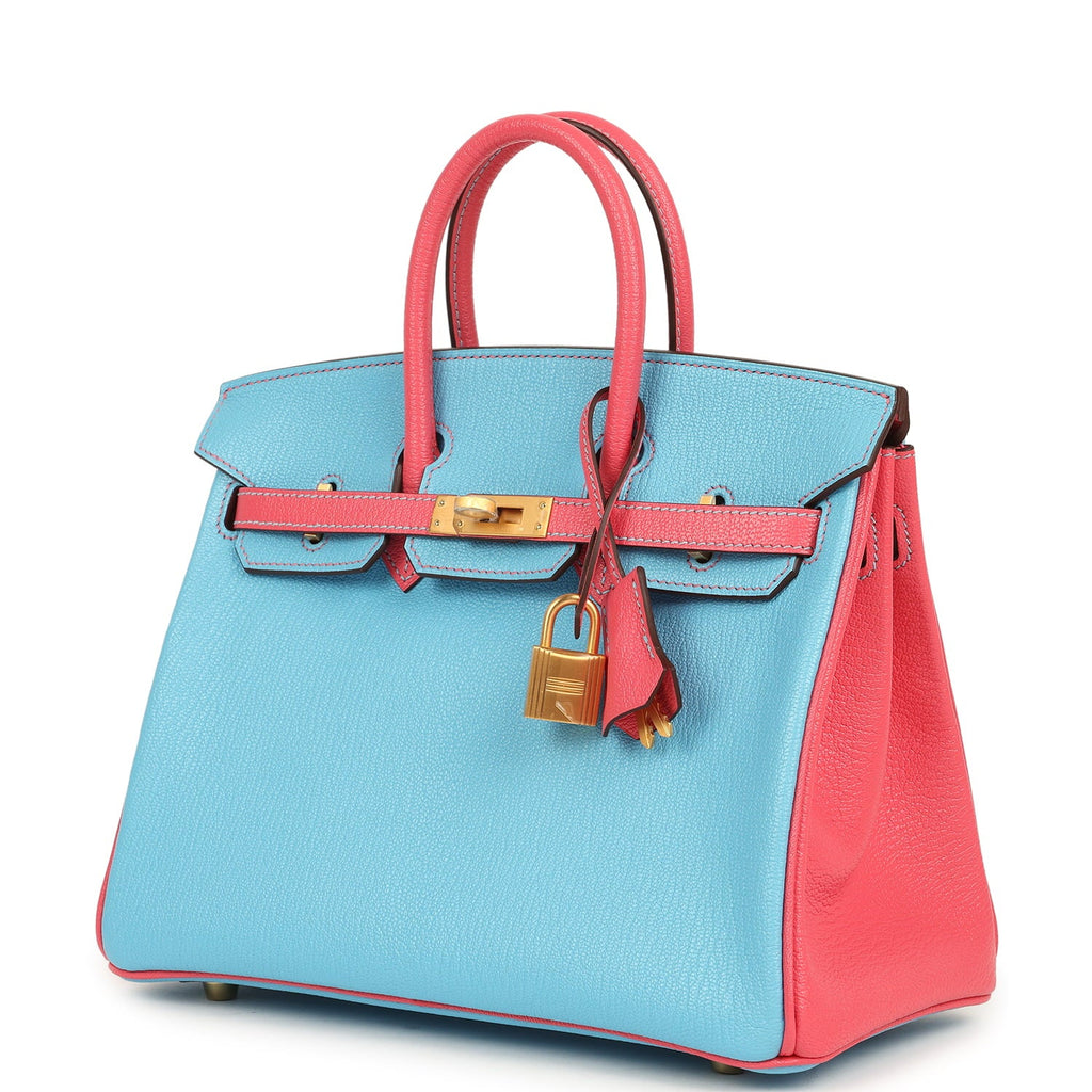 Hermes Special Order (HSS) Birkin 25 Celeste and Rose Lipstick Chevre Mysore Brushed Gold Hardware