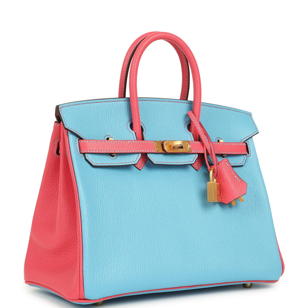 Hermes Special Order (HSS) Birkin 25 Celeste and Rose Lipstick Chevre Mysore Brushed Gold Hardware