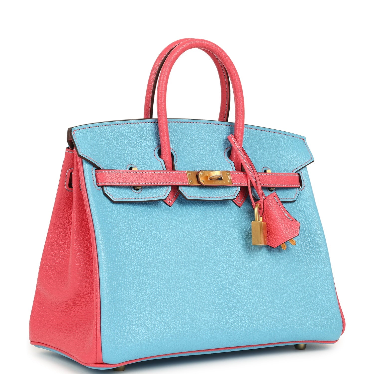 Hermes Special Order (HSS) Birkin 25 Celeste and Rose Lipstick Chevre Mysore Brushed Gold Hardware