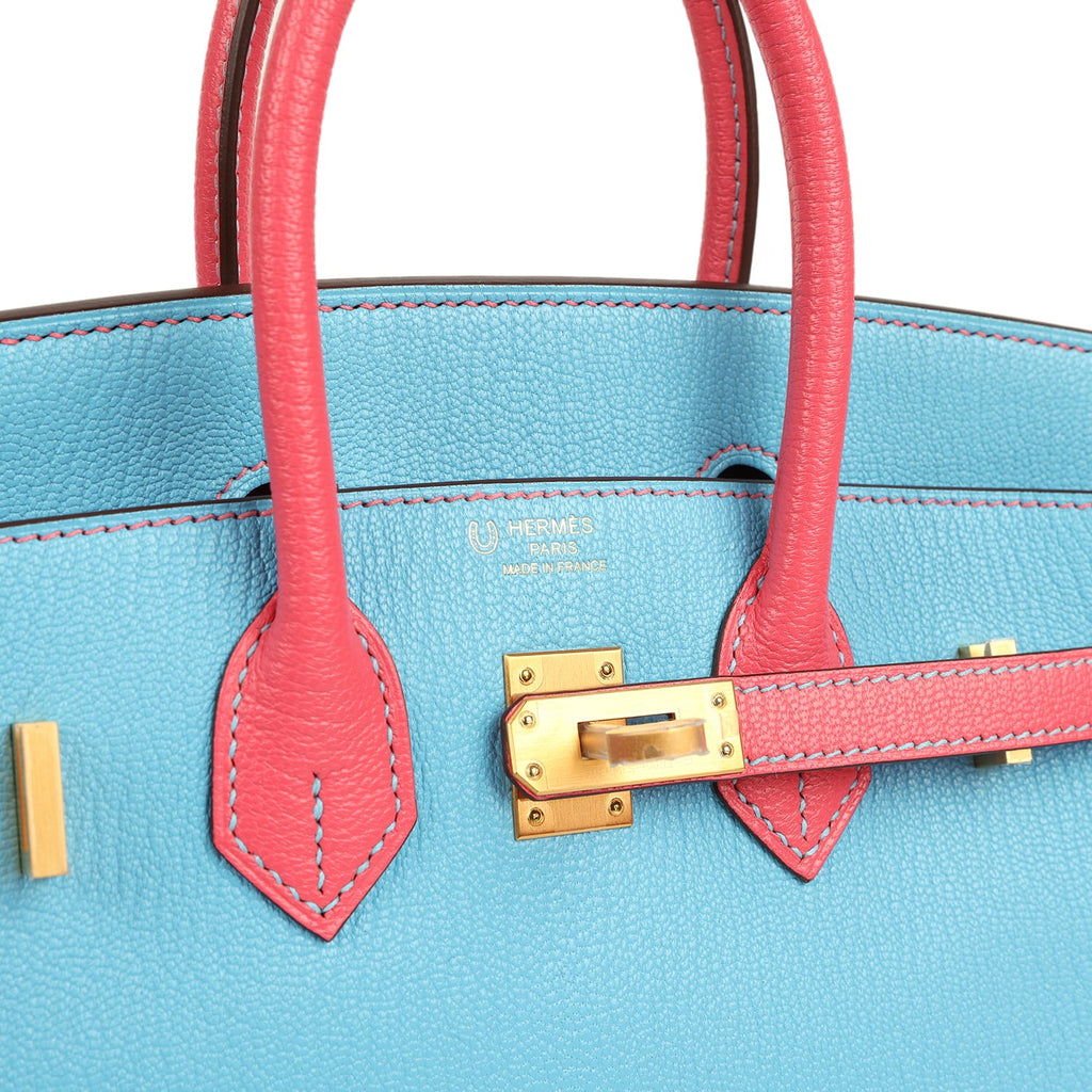 Hermes Special Order (HSS) Birkin 25 Celeste and Rose Lipstick Chevre Mysore Brushed Gold Hardware