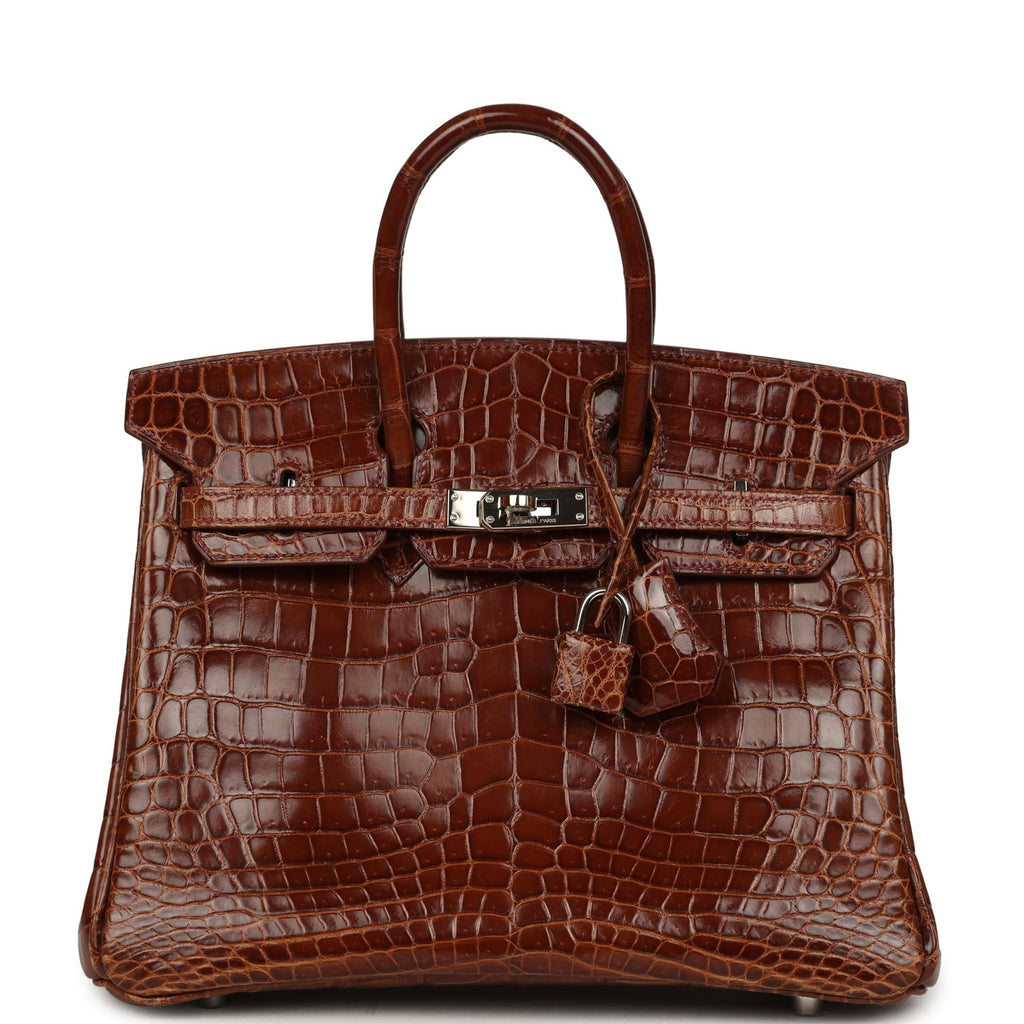 Pre-owned Hermes Birkin 25 Miel Shiny Niloticus Crocodile Palladium Hardware