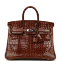 Pre-owned Hermes Birkin 25 Miel Shiny Niloticus Crocodile Palladium Hardware
