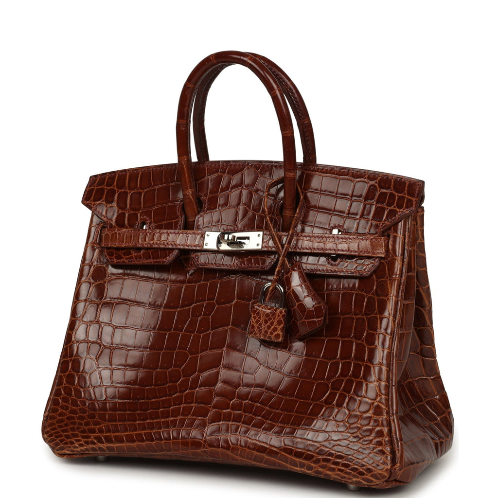 Pre-owned Hermes Birkin 25 Miel Shiny Niloticus Crocodile Palladium Hardware